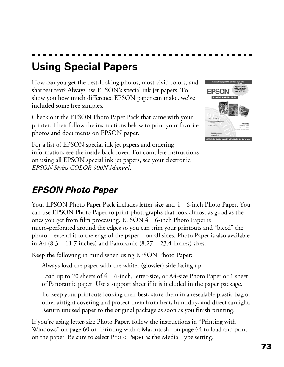 Using special papers, Epson photo paper | Epson 900N User Manual | Page 80 / 125