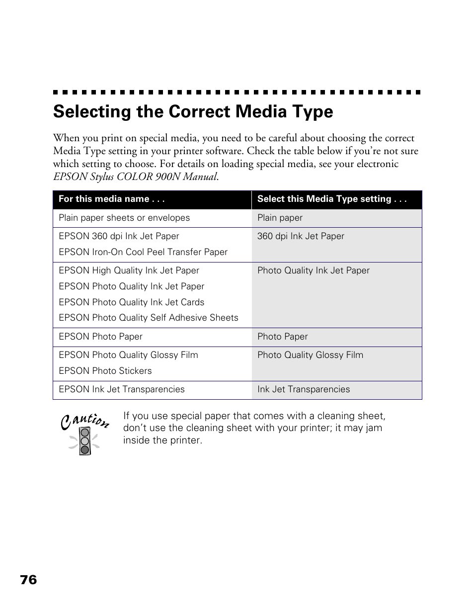 Selecting the correct media type | Epson 900N User Manual | Page 83 / 125