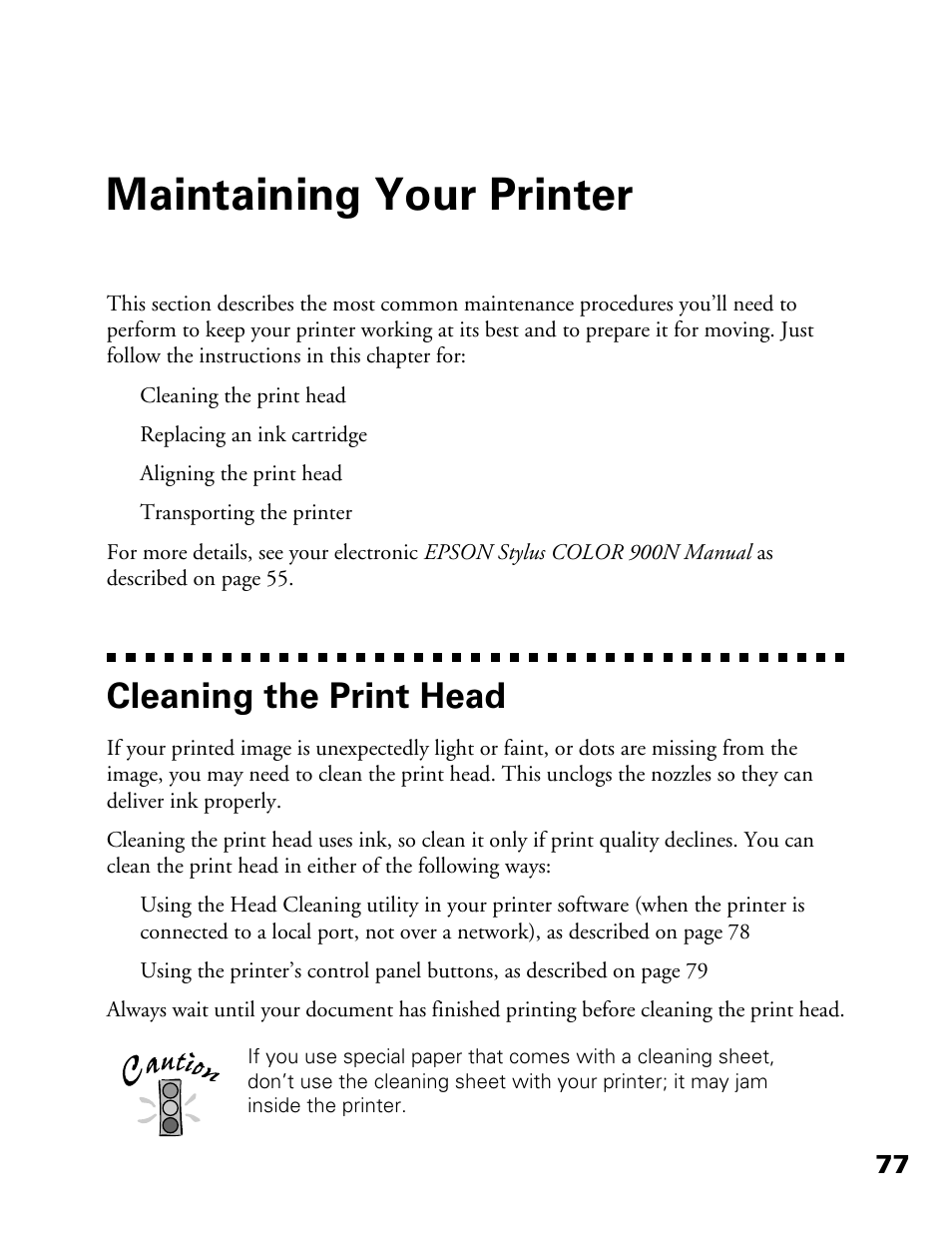 Maintaining your printer, Cleaning the print head | Epson 900N User Manual | Page 84 / 125