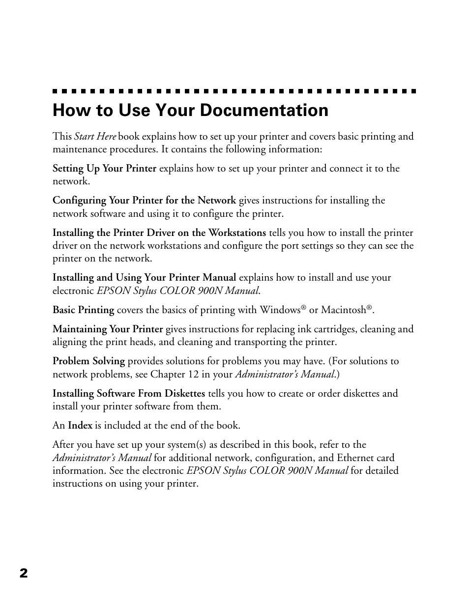 How to use your documentation | Epson 900N User Manual | Page 9 / 125