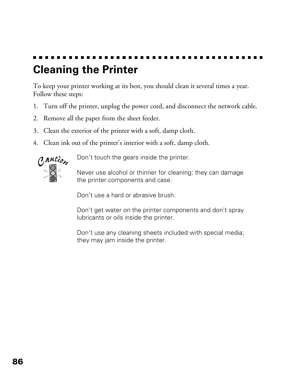 Cleaning the printer | Epson 900N User Manual | Page 93 / 125