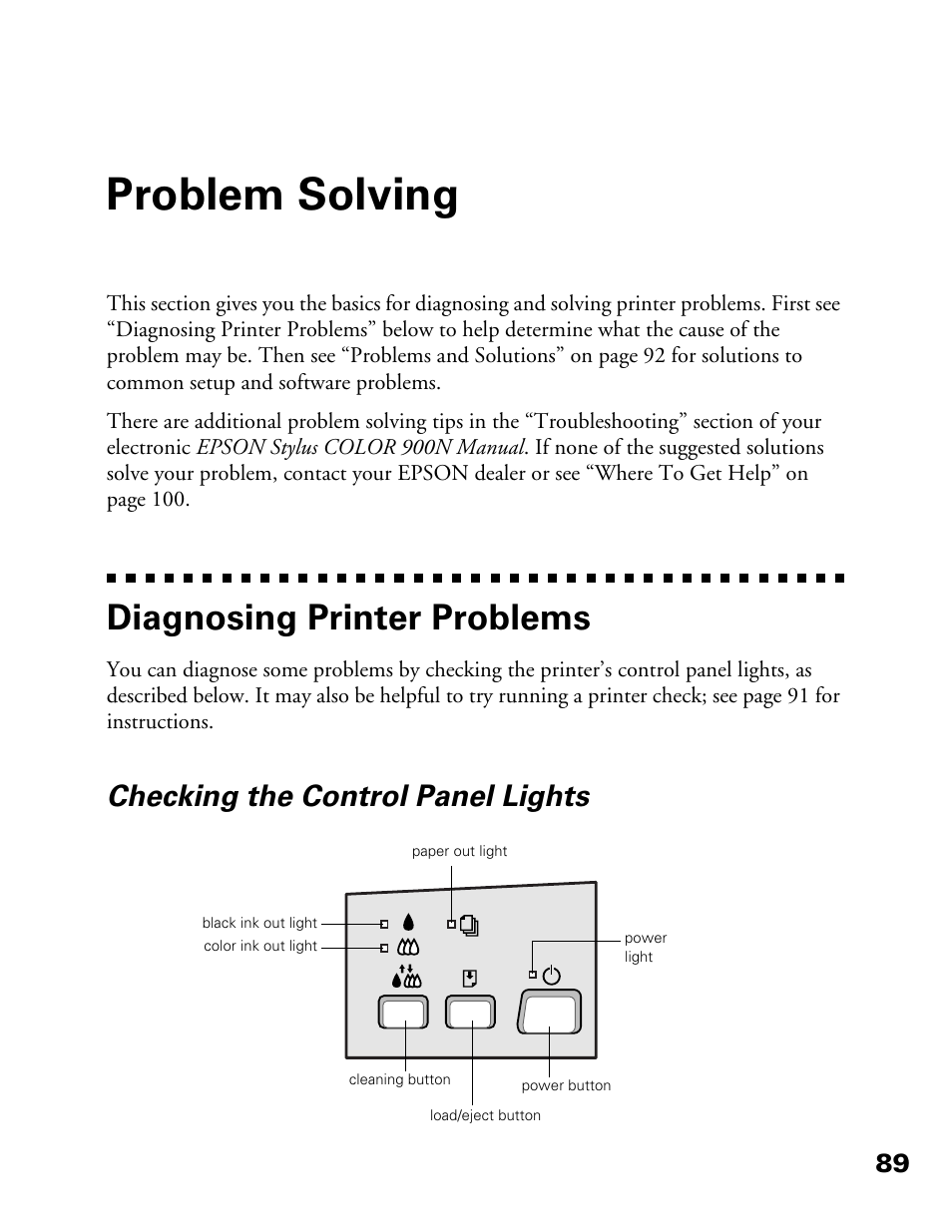 Problem solving, Diagnosing printer problems, Checking the control panel lights | Epson 900N User Manual | Page 96 / 125