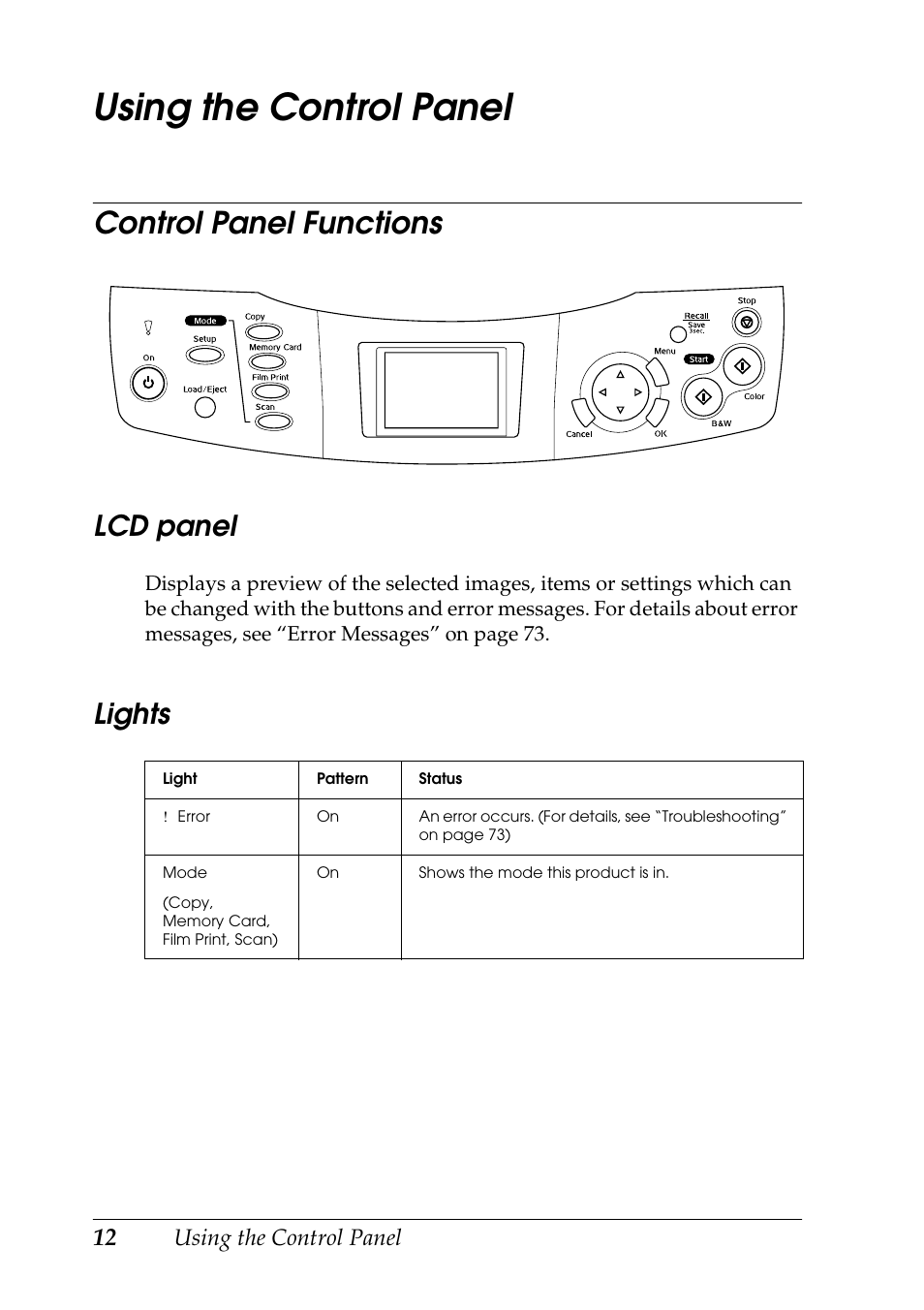 Using the control panel, Control panel functions, Lcd panel | Lights | Epson RX600 User Manual | Page 12 / 89