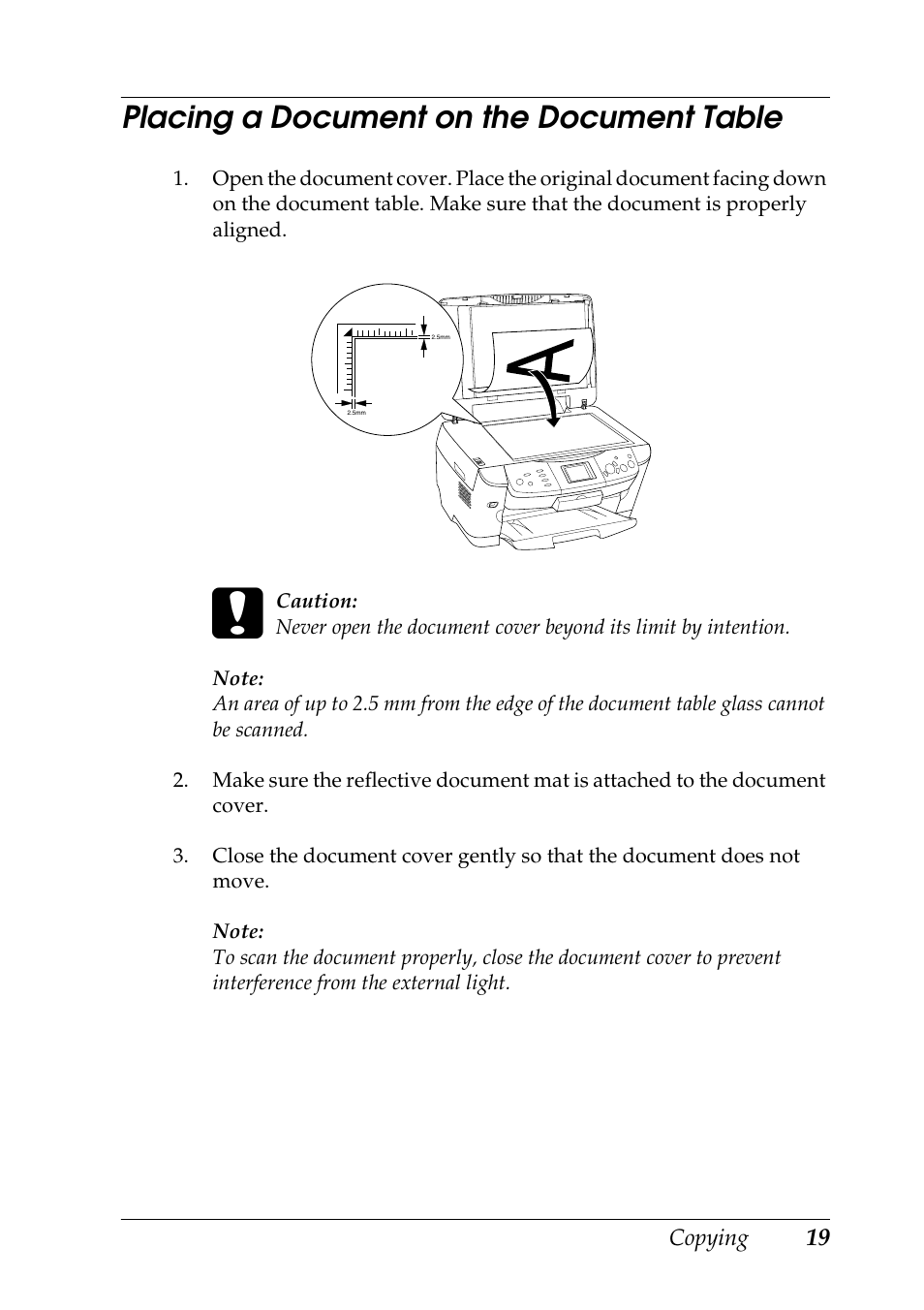 Placing a document on the document table | Epson RX600 User Manual | Page 19 / 89