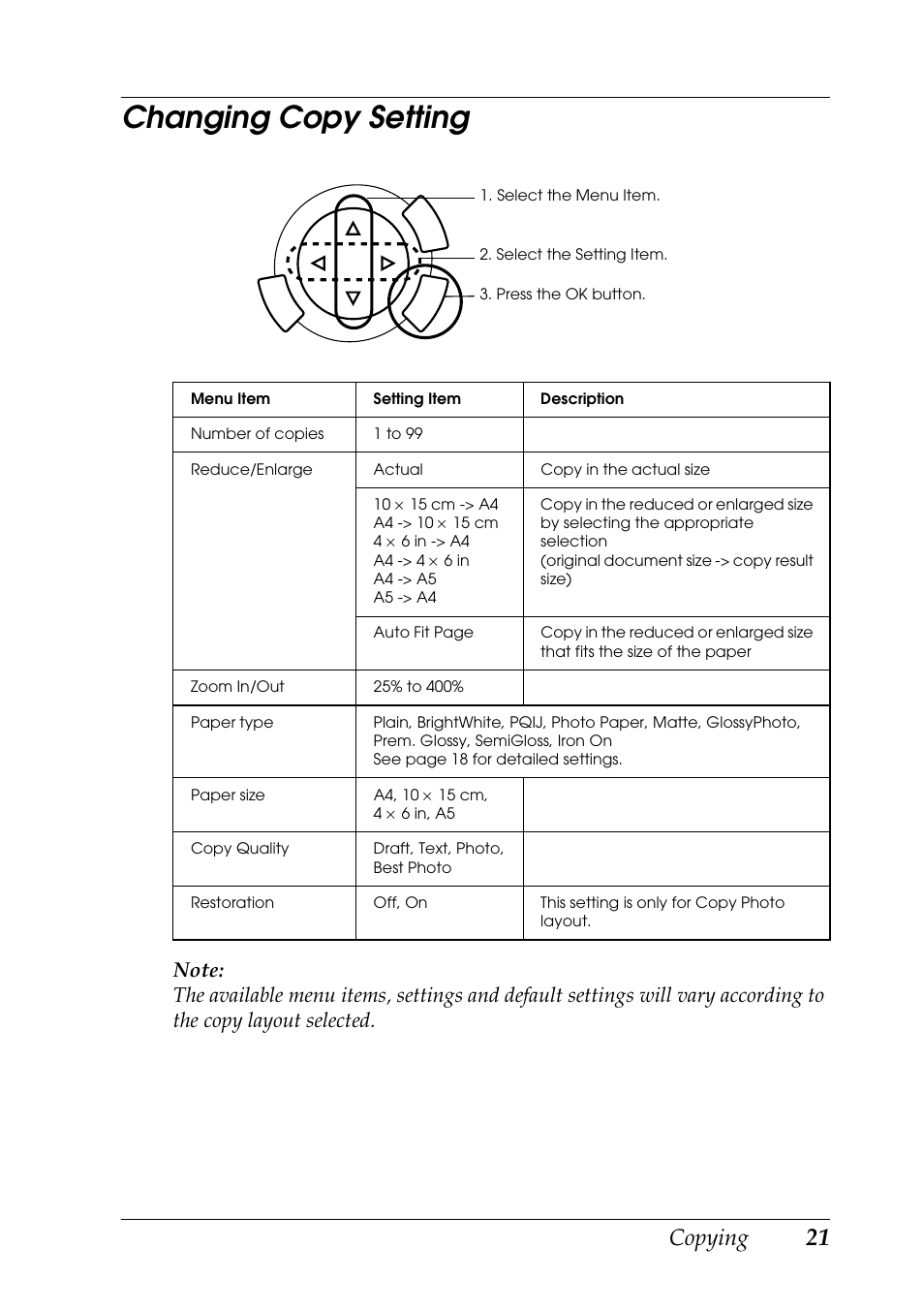 Changing copy setting, Copying | Epson RX600 User Manual | Page 21 / 89