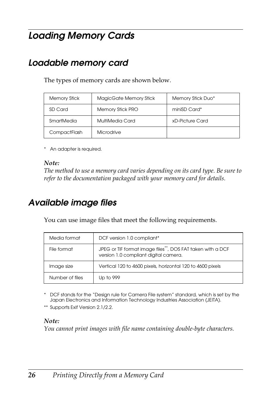 Loading memory cards, Available image files | Epson RX600 User Manual | Page 26 / 89