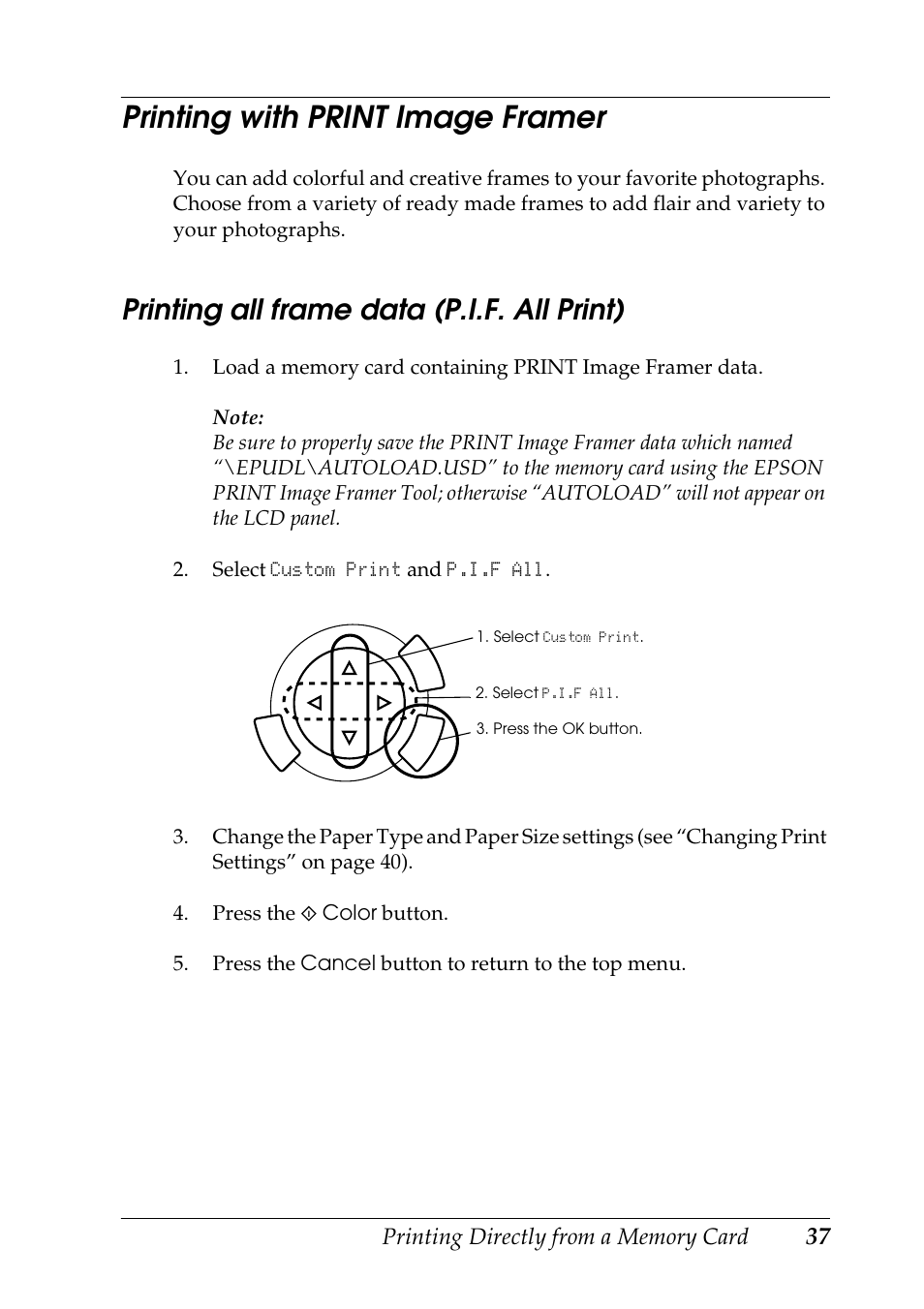 Printing with print image framer, Printing all frame data (p.i.f. all print) | Epson RX600 User Manual | Page 37 / 89