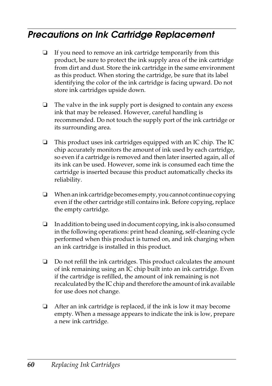 Precautions on ink cartridge replacement | Epson RX600 User Manual | Page 60 / 89