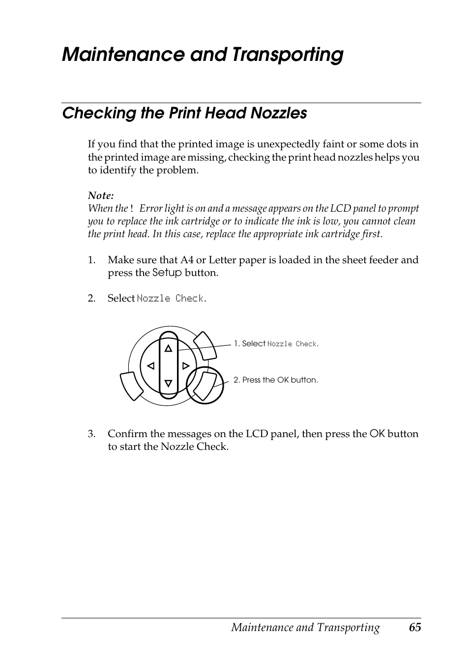 Maintenance and transporting, Checking the print head nozzles | Epson RX600 User Manual | Page 65 / 89