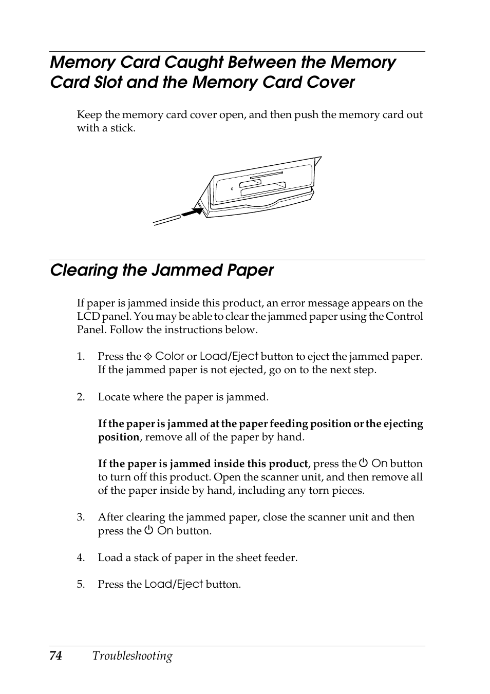 Memory card caught between the memory card slot, And the memory card cover, Clearing the jammed paper | Epson RX600 User Manual | Page 74 / 89