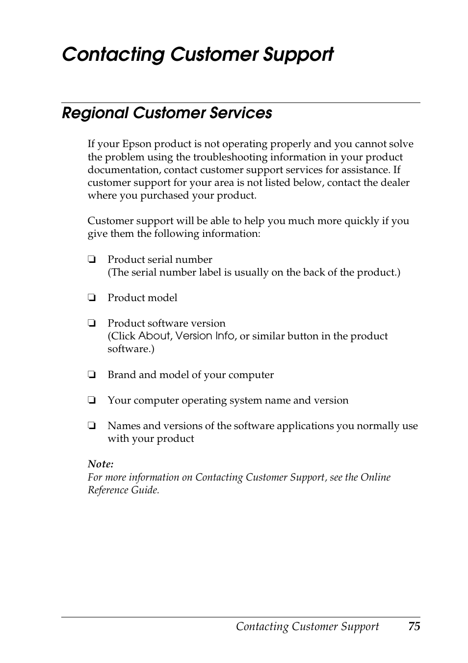 Contacting customer support, Regional customer services | Epson RX600 User Manual | Page 75 / 89