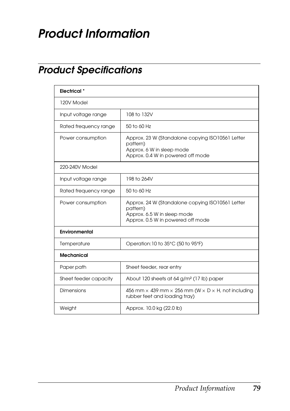 Product information, Product specifications | Epson RX600 User Manual | Page 79 / 89