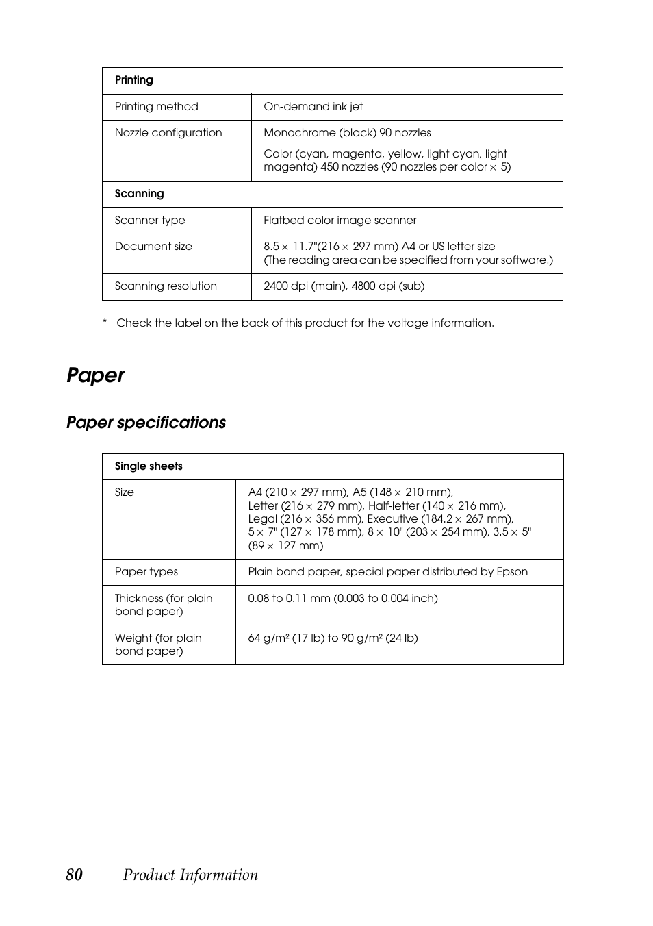 Paper, Product information, Paper specifications | Epson RX600 User Manual | Page 80 / 89