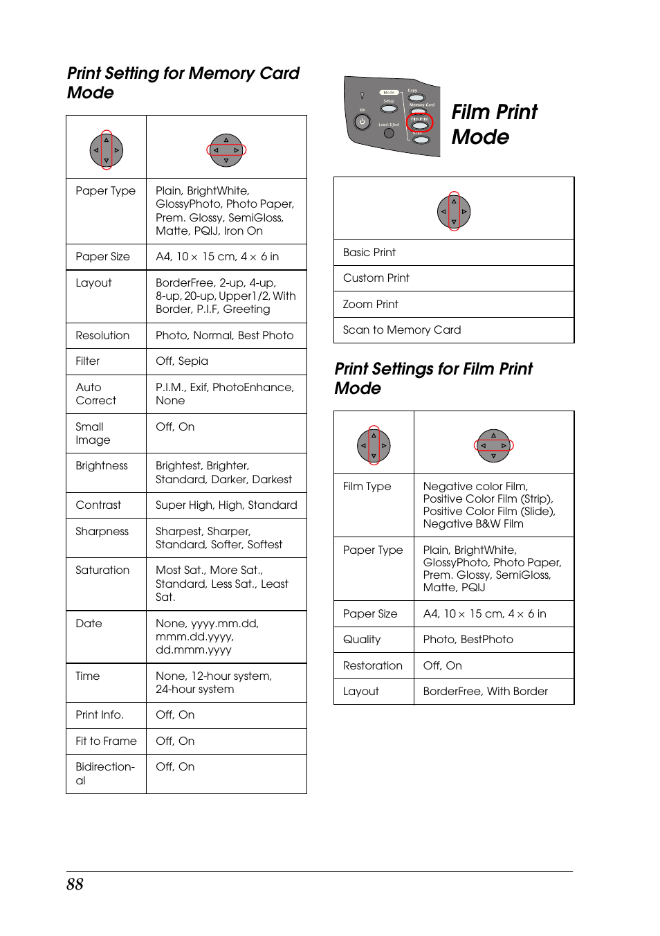 Film print mode, Print settings for film print mode | Epson RX600 User Manual | Page 88 / 89