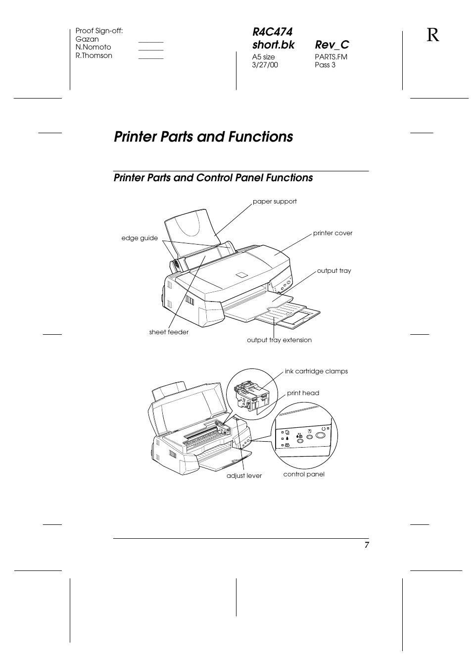 Printer parts and functions, Printer parts and control panel functions, R4c474 short.bk rev_c | Epson XXX-00 User Manual | Page 13 / 78