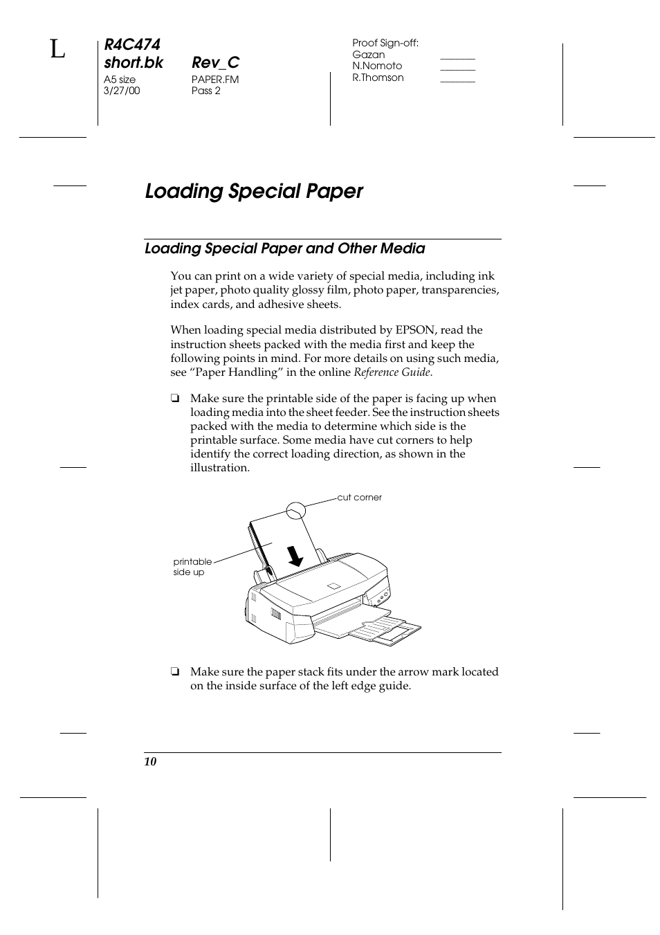 Loading special paper, Loading special paper and other media, R4c474 short.bk rev_c | Epson XXX-00 User Manual | Page 16 / 78