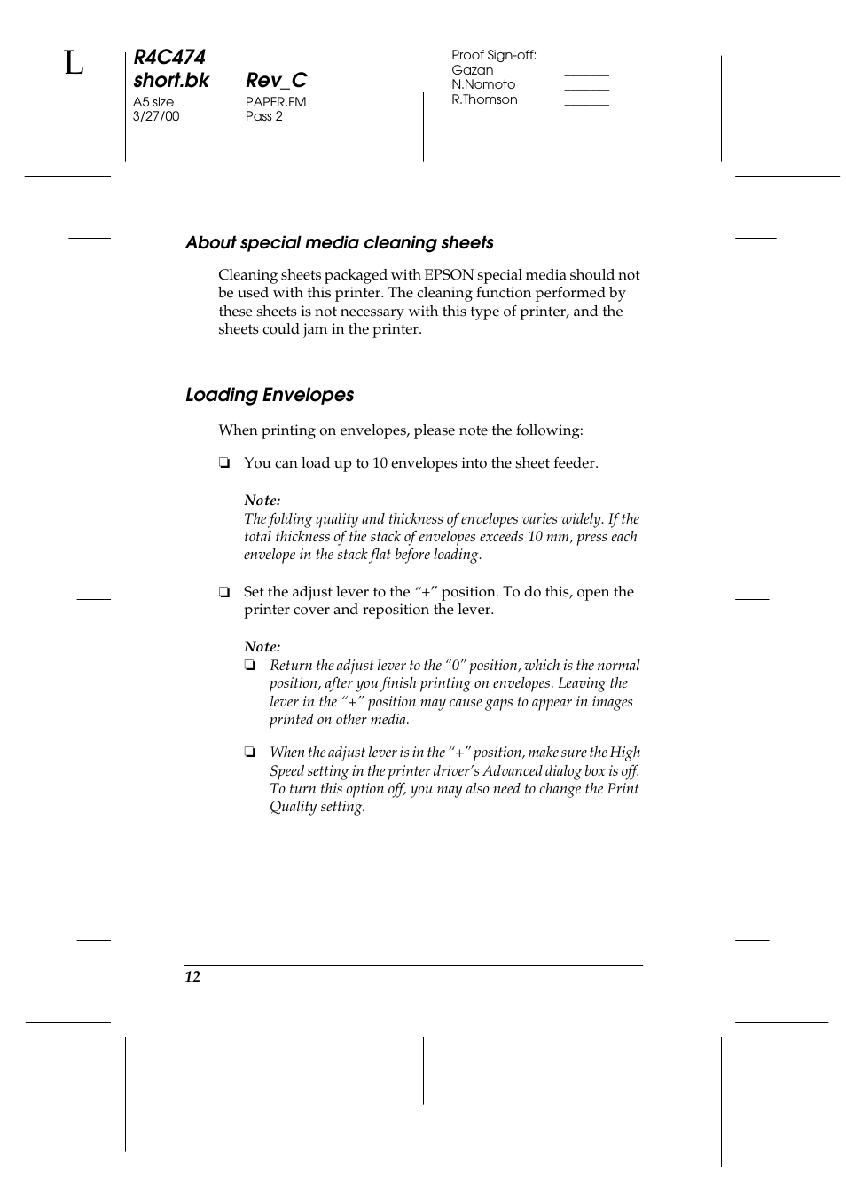About special media cleaning sheets, Loading envelopes, R4c474 short.bk rev_c | Epson XXX-00 User Manual | Page 18 / 78