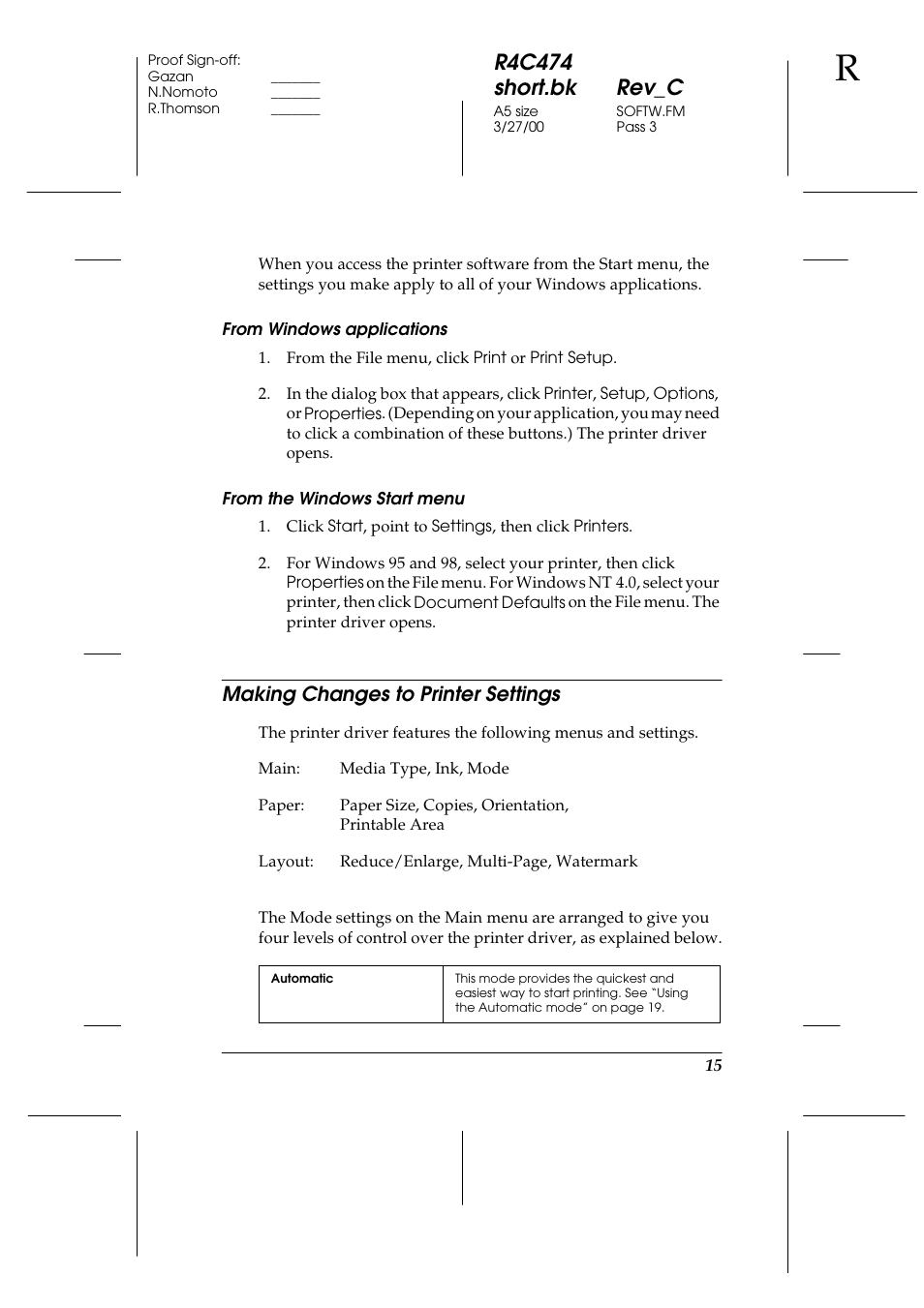 From windows applications, From the windows start menu, Making changes to printer settings | R4c474 short.bk rev_c | Epson XXX-00 User Manual | Page 21 / 78