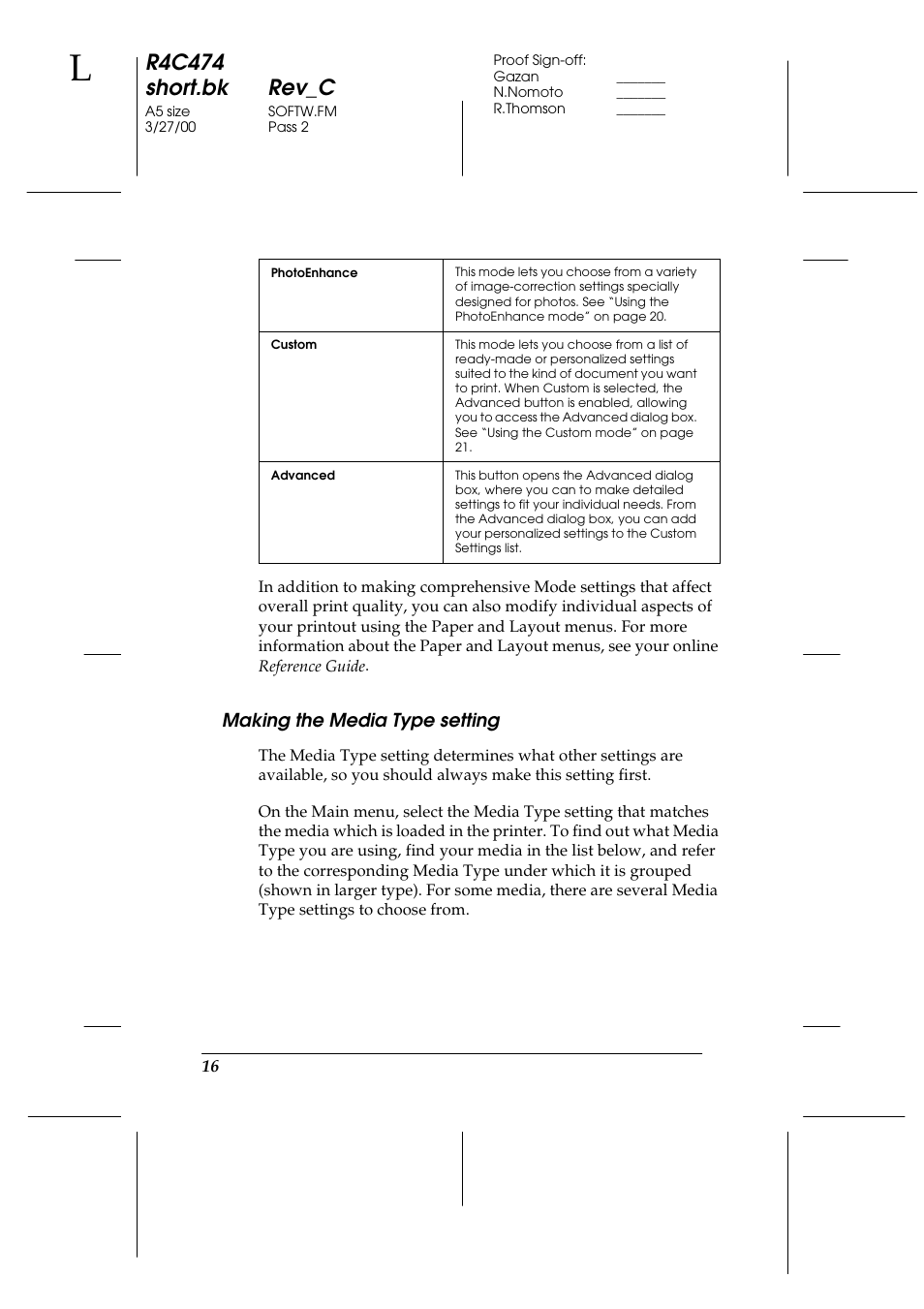 Making the media type setting, R4c474 short.bk rev_c | Epson XXX-00 User Manual | Page 22 / 78