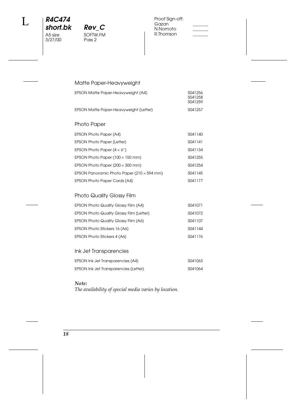 Matte paper-heavyweight, Photo paper, Photo quality glossy film | Ink jet transparencies, R4c474 short.bk rev_c | Epson XXX-00 User Manual | Page 24 / 78