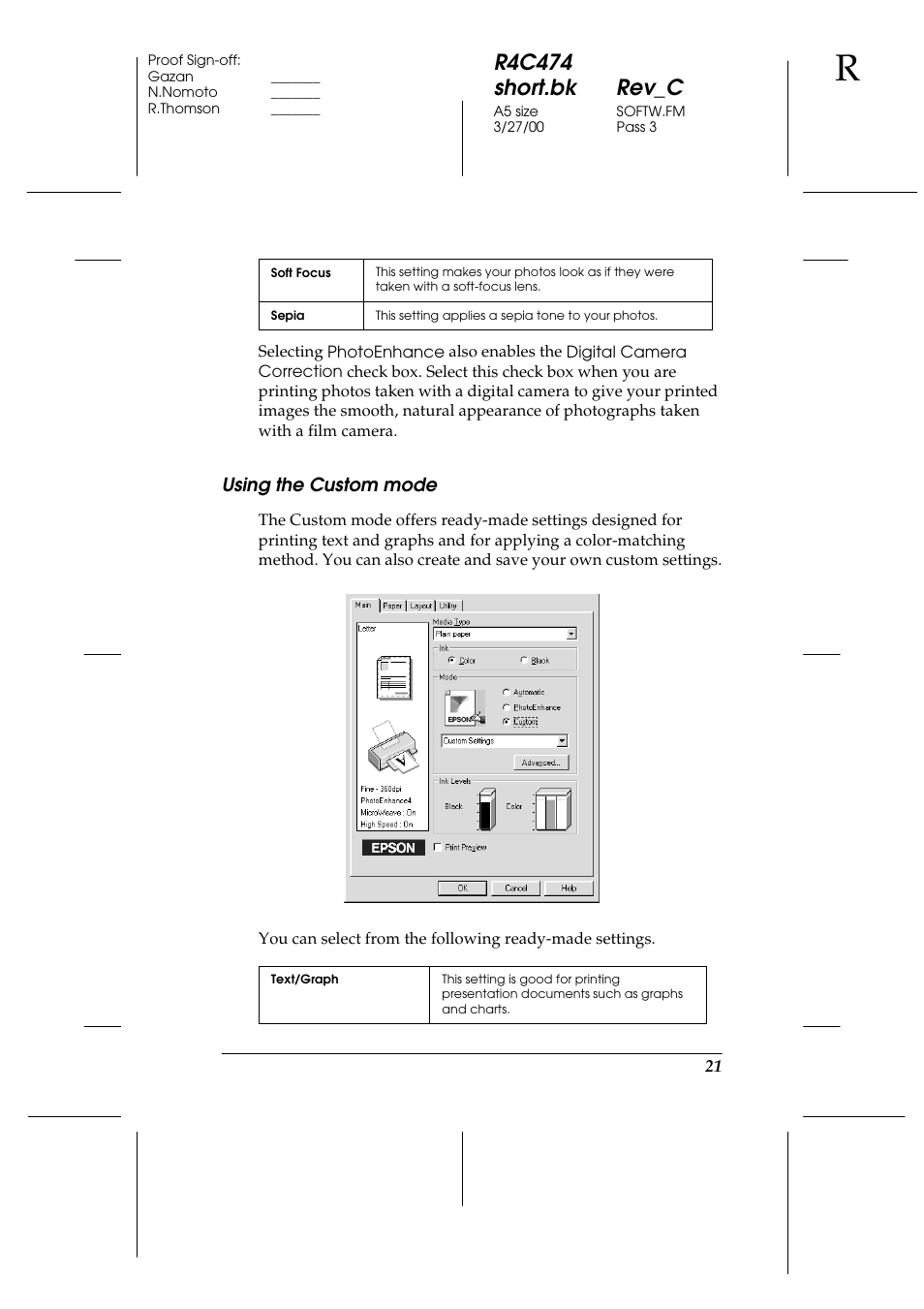 Using the custom mode, R4c474 short.bk rev_c | Epson XXX-00 User Manual | Page 27 / 78