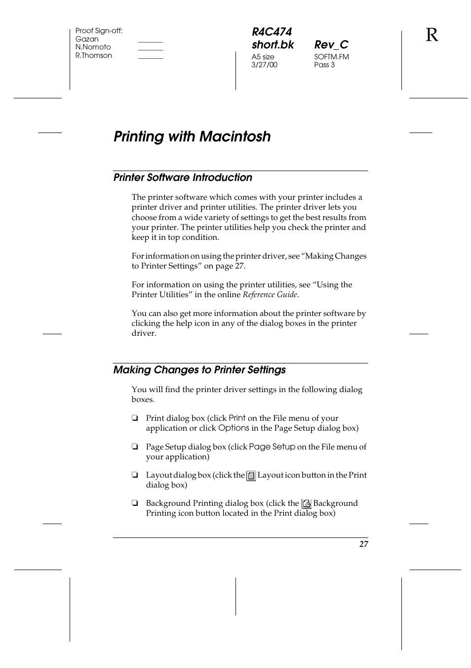 Printing with macintosh, Printer software introduction, Making changes to printer settings | R4c474 short.bk rev_c | Epson XXX-00 User Manual | Page 33 / 78