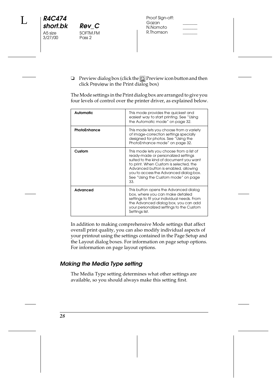 Making the media type setting, R4c474 short.bk rev_c | Epson XXX-00 User Manual | Page 34 / 78