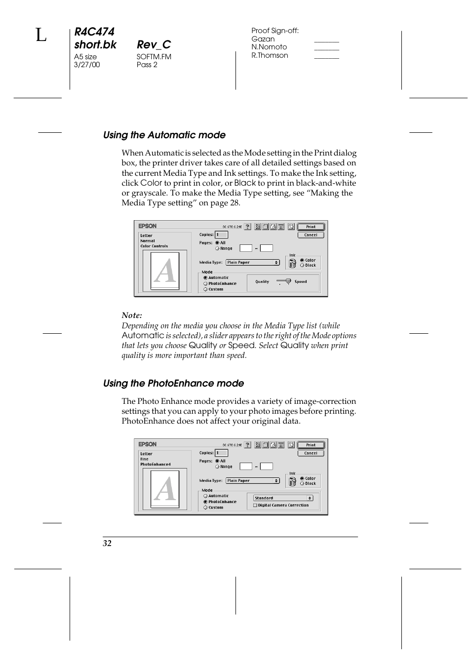 Using the automatic mode, Using the photoenhance mode, R4c474 short.bk rev_c | Epson XXX-00 User Manual | Page 38 / 78