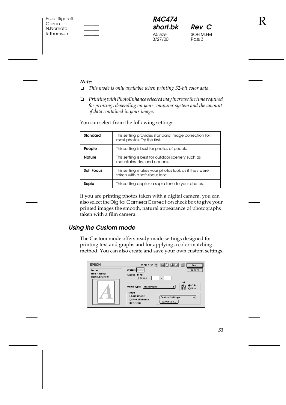 Using the custom mode, R4c474 short.bk rev_c | Epson XXX-00 User Manual | Page 39 / 78