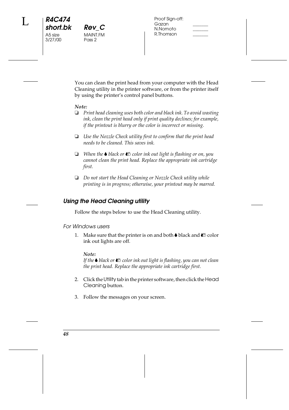 Using the head cleaning utility, For windows users, R4c474 short.bk rev_c | Epson XXX-00 User Manual | Page 54 / 78