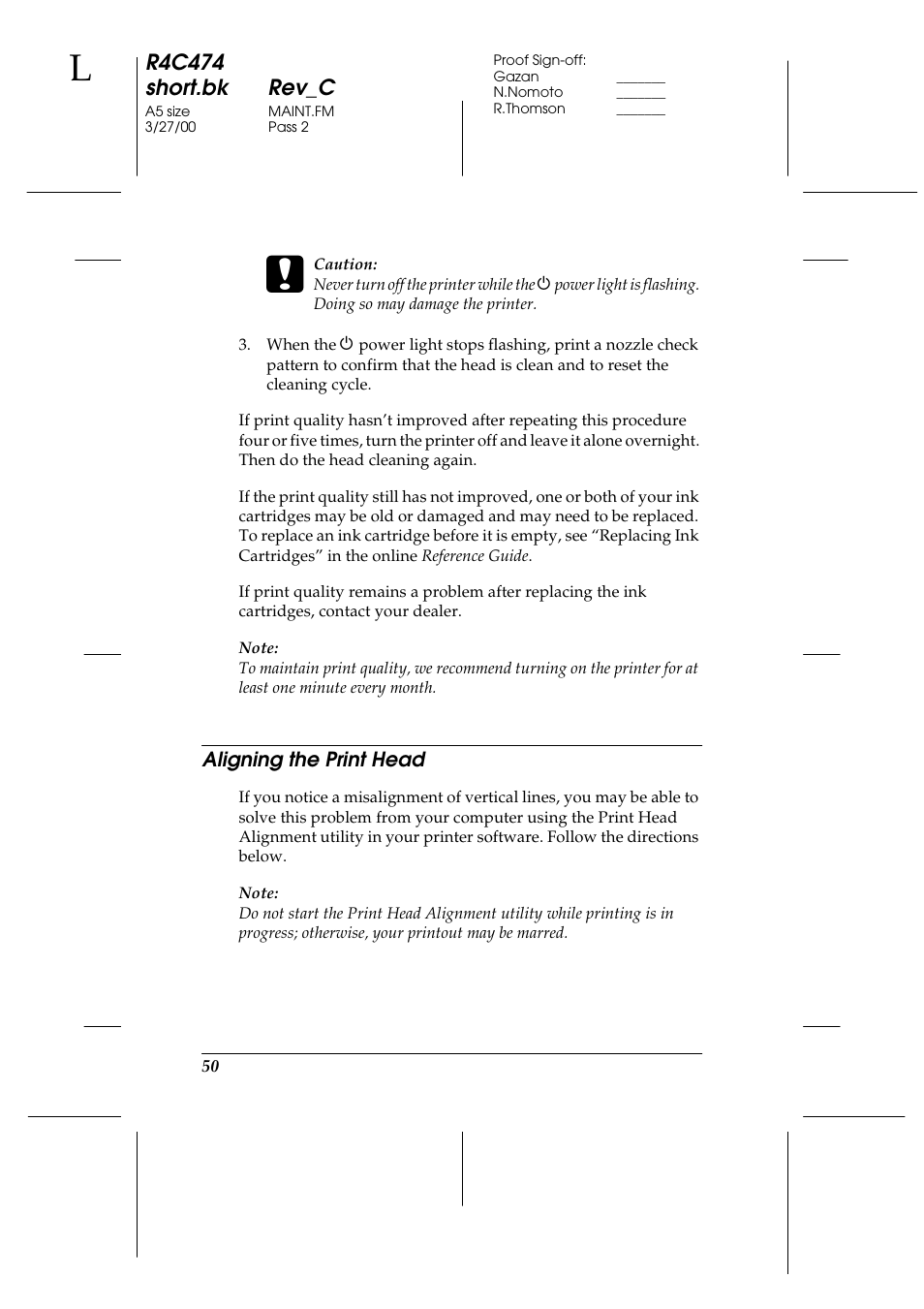 Aligning the print head, R4c474 short.bk rev_c | Epson XXX-00 User Manual | Page 56 / 78