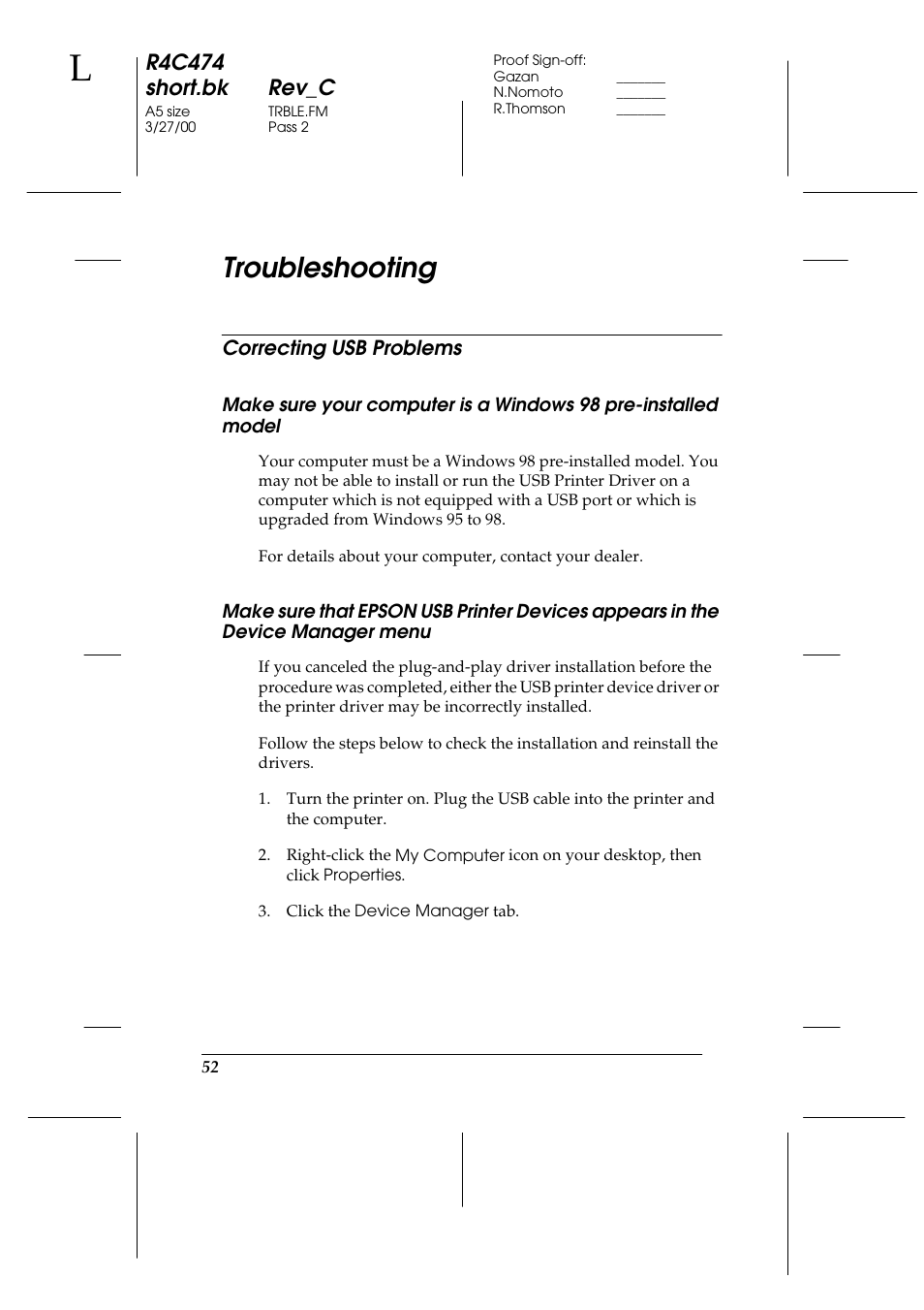 Troubleshooting, Correcting usb problems, R4c474 short.bk rev_c | Epson XXX-00 User Manual | Page 58 / 78