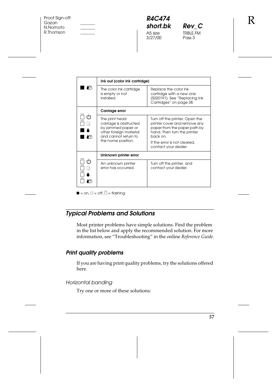 Typical problems and solutions, Print quality problems, Horizontal banding | R4c474 short.bk rev_c | Epson XXX-00 User Manual | Page 63 / 78