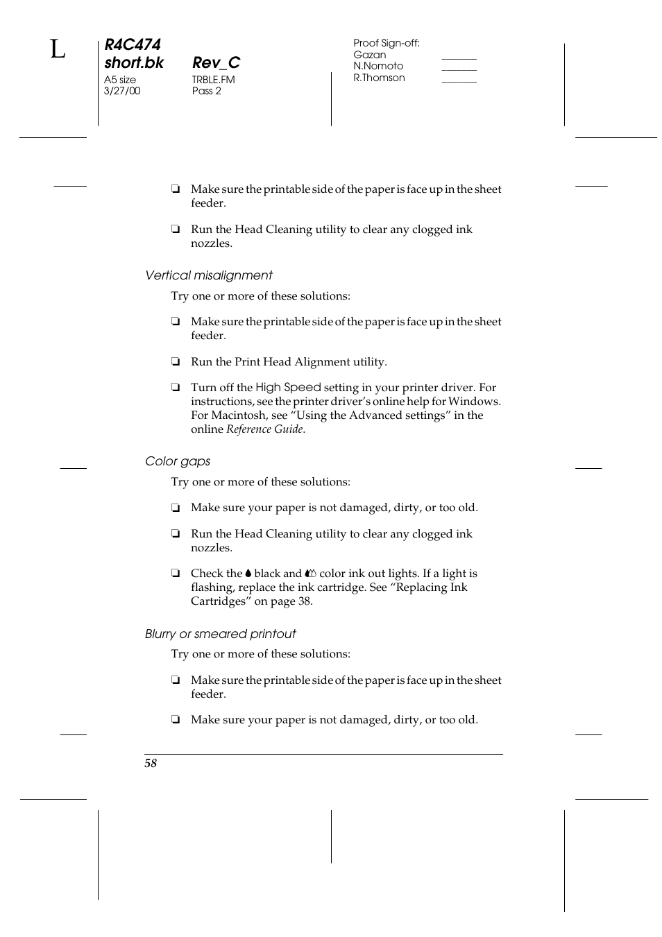 Vertical misalignment, Color gaps, Blurry or smeared printout | R4c474 short.bk rev_c | Epson XXX-00 User Manual | Page 64 / 78