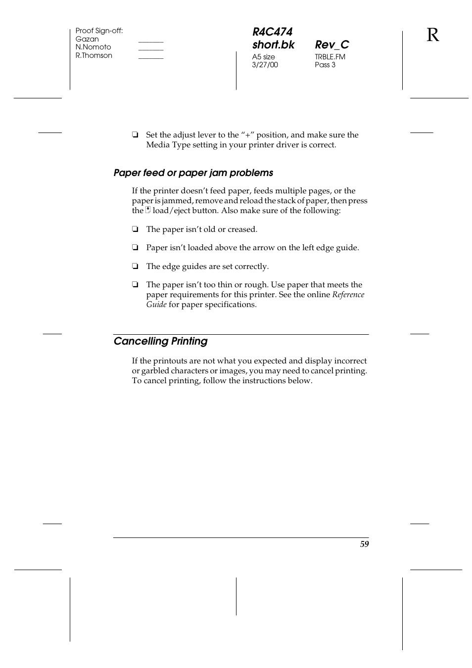 Paper feed or paper jam problems, Cancelling printing, R4c474 short.bk rev_c | Epson XXX-00 User Manual | Page 65 / 78