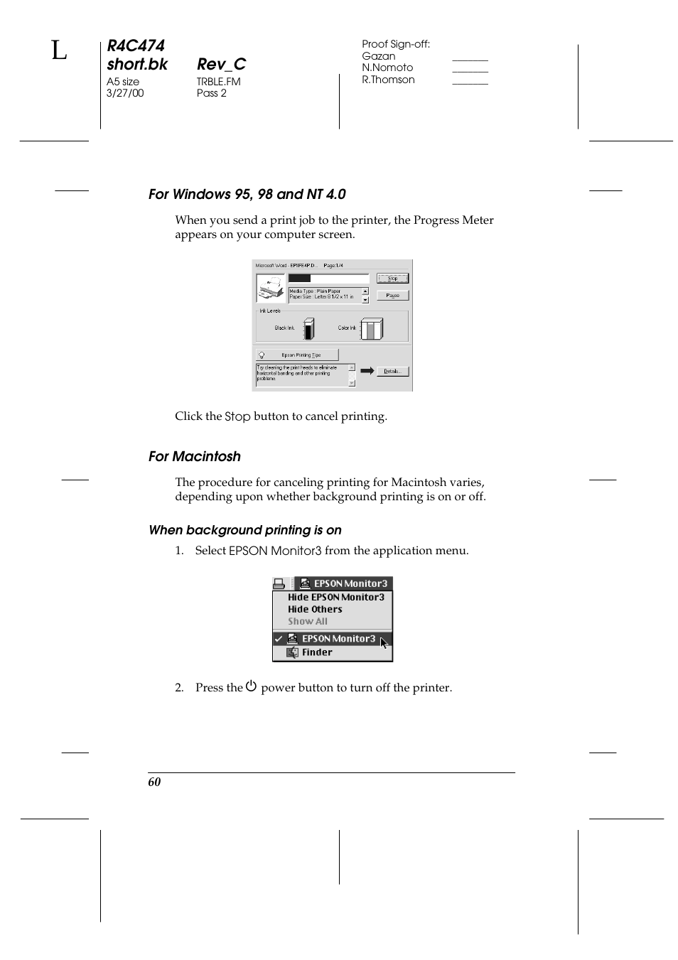 For windows 95, 98 and nt 4.0, For macintosh, When background printing is on | R4c474 short.bk rev_c | Epson XXX-00 User Manual | Page 66 / 78