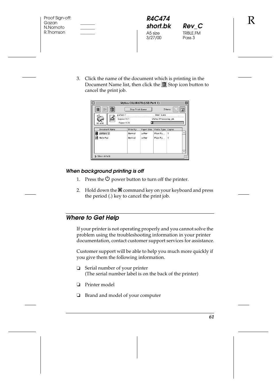 When background printing is off, Where to get help, R4c474 short.bk rev_c | Epson XXX-00 User Manual | Page 67 / 78