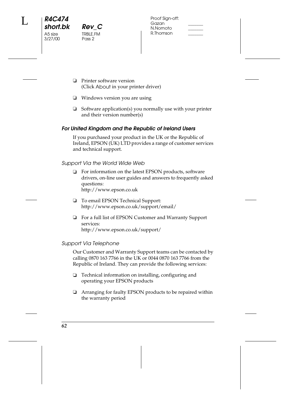 Support via the world wide web, Support via telephone, R4c474 short.bk rev_c | Epson XXX-00 User Manual | Page 68 / 78