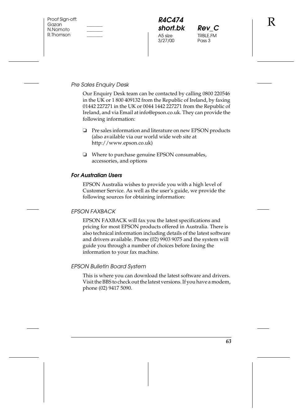 Pre sales enquiry desk, For australian users, Epson faxback | Epson bulletin board system, R4c474 short.bk rev_c | Epson XXX-00 User Manual | Page 69 / 78