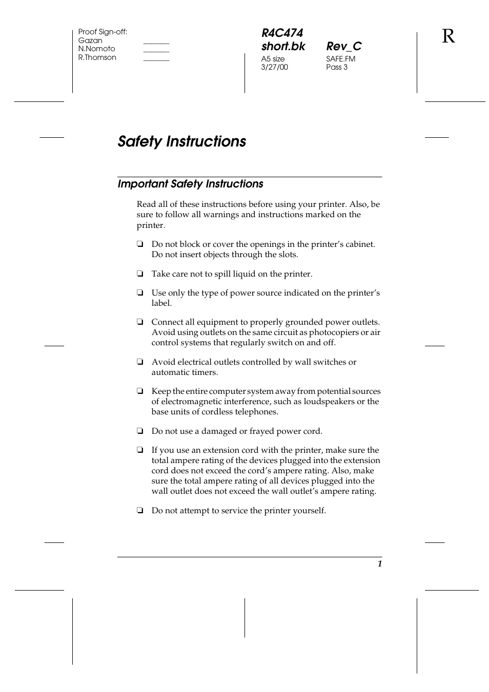 Safety instructions, Important safety instructions, R4c474 short.bk rev_c | Epson XXX-00 User Manual | Page 7 / 78