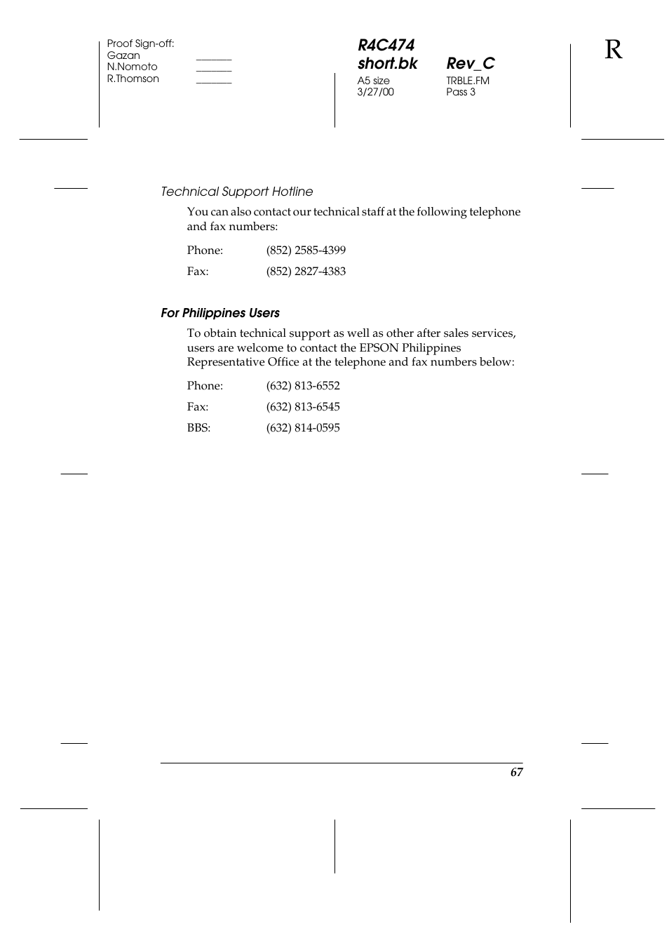 Technical support hotline, For philippines users, R4c474 short.bk rev_c | Epson XXX-00 User Manual | Page 73 / 78