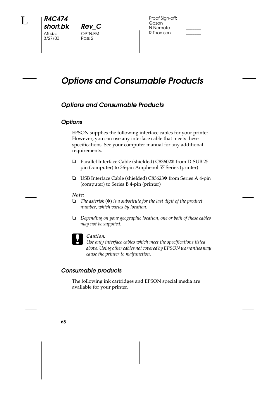 Options and consumable products, Options, Consumable products | R4c474 short.bk rev_c | Epson XXX-00 User Manual | Page 74 / 78