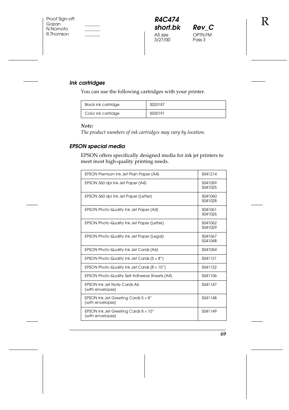 Ink cartridges, Epson special media, R4c474 short.bk rev_c | Epson XXX-00 User Manual | Page 75 / 78