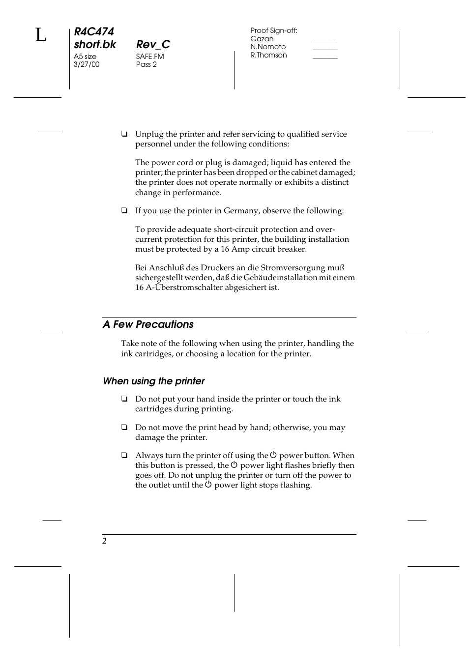 A few precautions, When using the printer, R4c474 short.bk rev_c | Epson XXX-00 User Manual | Page 8 / 78