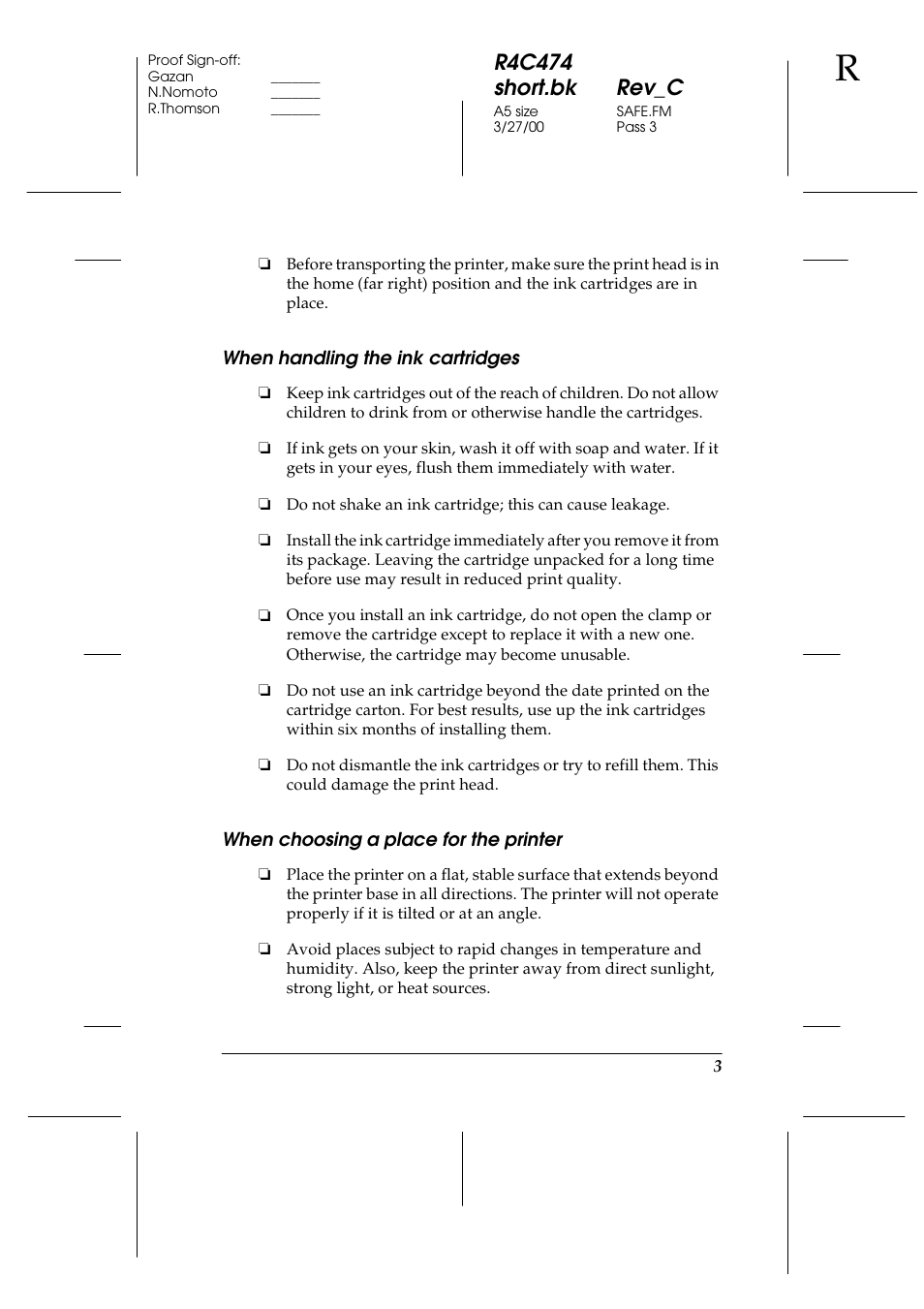 When handling the ink cartridges, When choosing a place for the printer, R4c474 short.bk rev_c | Epson XXX-00 User Manual | Page 9 / 78