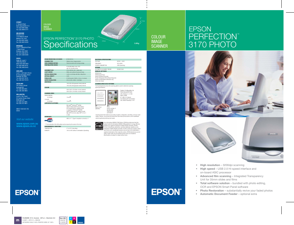 Specifications, Perfection, 3170 photo | Epson, Colour image scanner, Epson perfection | Epson Perfection 3170 Photo User Manual | Page 4 / 4