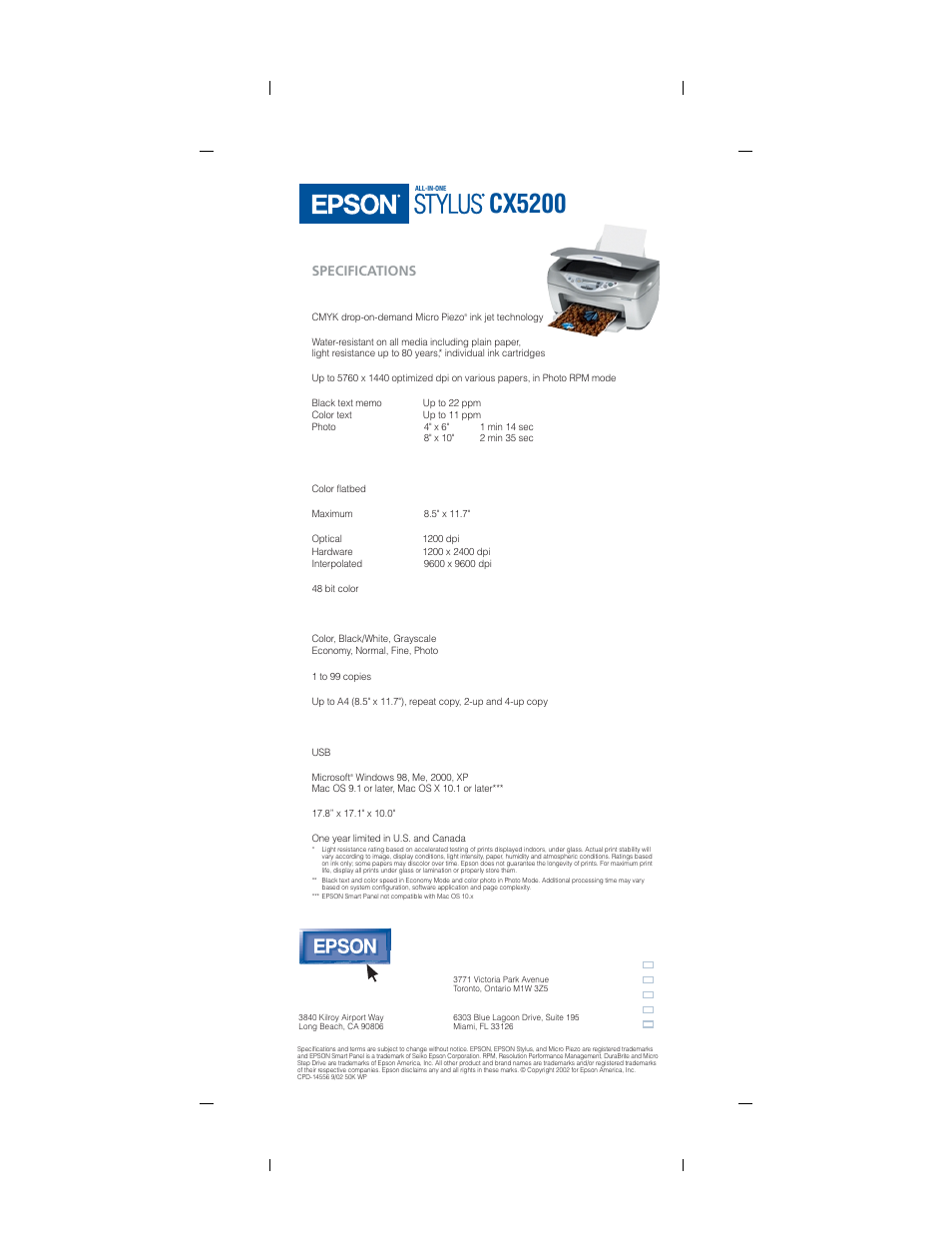 Stylus, Cx5200, Specifications | Epson Stylus CX5200 User Manual | Page 2 / 2