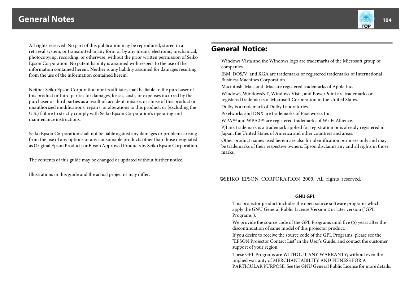 General notes, General notice | Epson EB 824 User Manual | Page 104 / 121