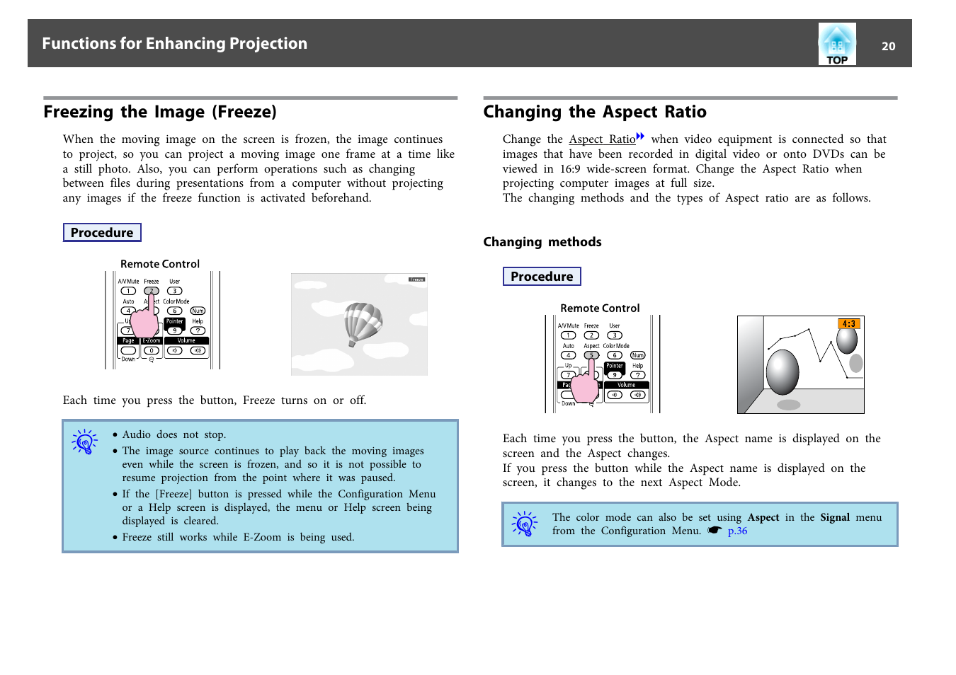 Freezing the image (freeze), Changing the aspect ratio, Changing methods | P.20 | Epson EB 824 User Manual | Page 20 / 121