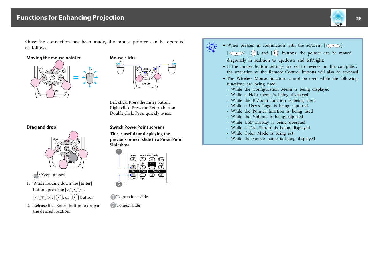 Functions for enhancing projection | Epson EB 824 User Manual | Page 28 / 121